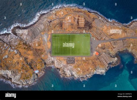 Aerial view of the Henningsvaer stadium on the island of Hellandsøya ...