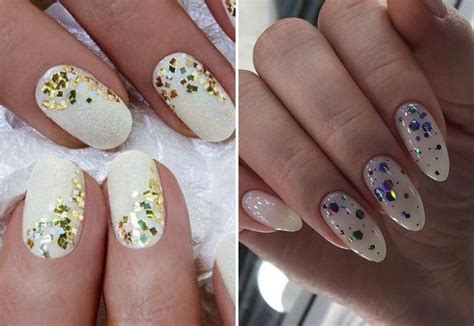Модный белый маникюр с блестками – короткие и длинные ногти, со ...