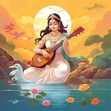 Premium AI Image Saraswati Devi Goddess Happy Vasant Panchami Indian