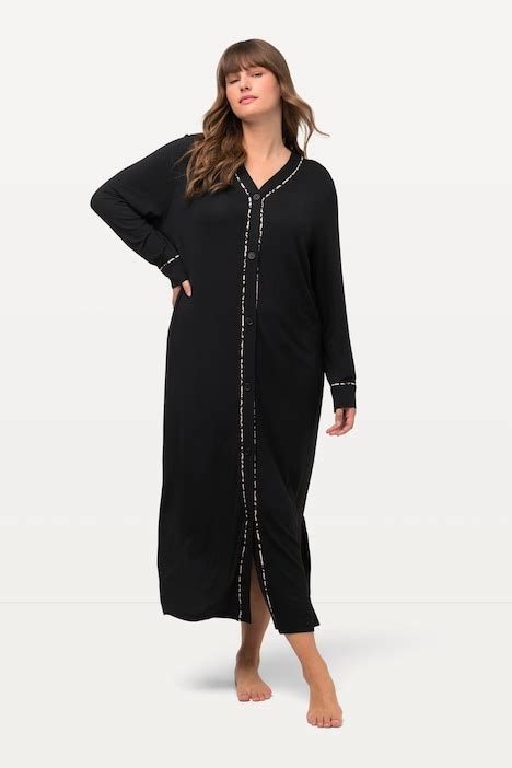 Leopard Trim Long Sleeve Full Length Nightgown Black Ulla Popken