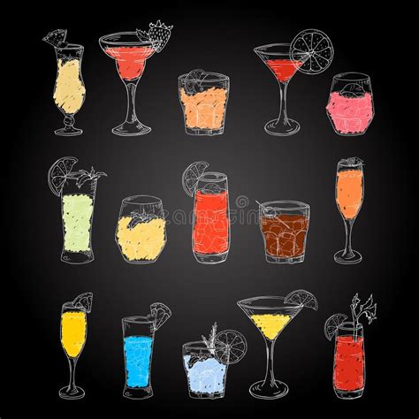 Cocktails Hand Drawn Set In Sketch Style Alcoholic Drinks In Different