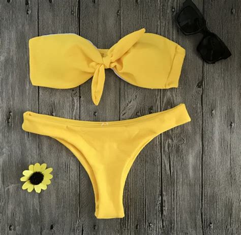 High Leg Brazilian Bikini Push Up Swimwear Female Bow Bandeau Bikini Set 2017 Yellow Black Sexy