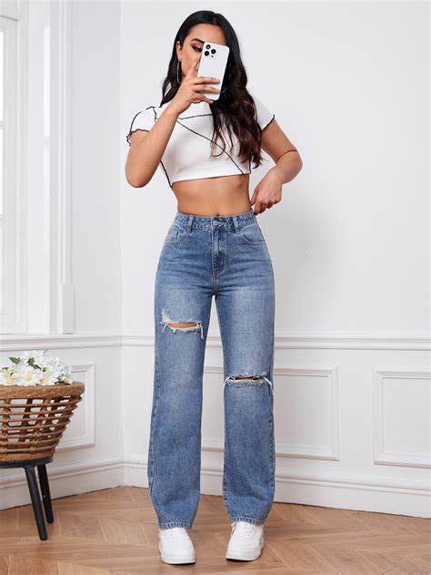 Shein Ezwear Ripped Straight Leg Jeans Shein Uk