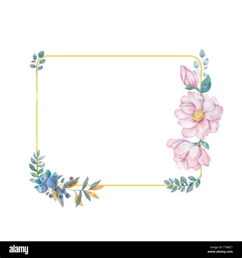 Watercolor Flowers And Leaves Wreath Gold Frame Illustration Square