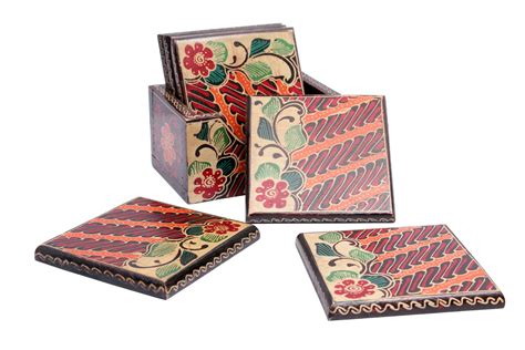 Handcrafted Wooden Batik Printed Square Coaster Set With Etsy