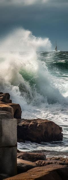 Premium Photo A Wave Crashing Into A Rocky Shore