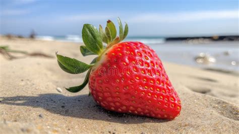 Vibrant Strawberry On Sandy Beach A Captivating Photo Stock
