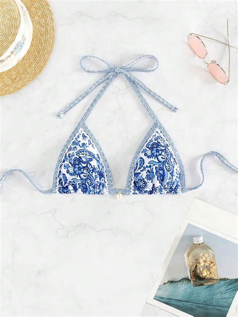 SHEIN Swim Summer Beach Women S Floral Printed Halter Bikini Top SHEIN USA