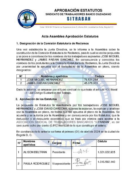 Acta De Aprobación Estatutos AprobaciÓn Estatutos Sindicato De