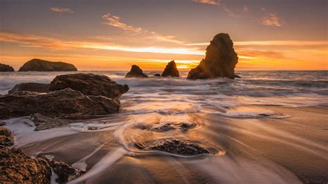 Water Nature Beach Waves Sky Sunset Landscape Rocks Sea Sand Clouds Hd Wallpaper