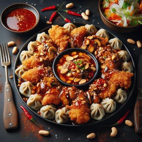 Premium Photo A Platter Of Fried Chicken And Mushroom Dumplings With