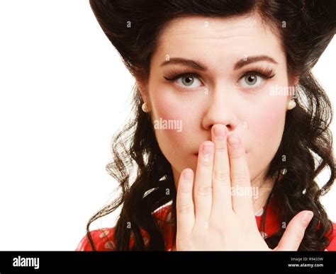 Retro Style Surprised Woman Covering Mouth With Hand Gesture Isolated