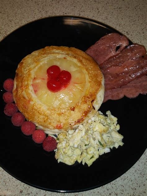 😋 Pineapple Upside Down Pancake With Eggsturkey Bacon And Raspberries😋