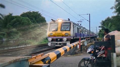 3 Different Model EMU Local Trains Furiously Passing Through Level