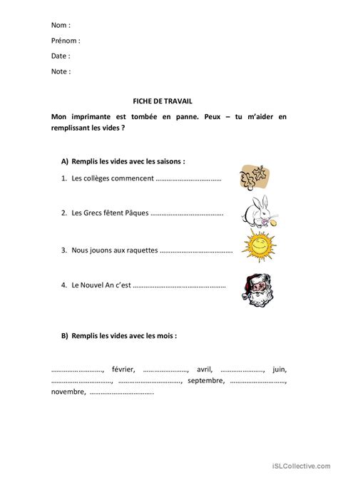 Les Mois Et Les Saisons De Lannée Français Fle Fiches Pedagogiques