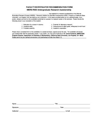 Fillable Online Calstatela FACULTY INVESTIGATOR RECOMMENDATION FORM