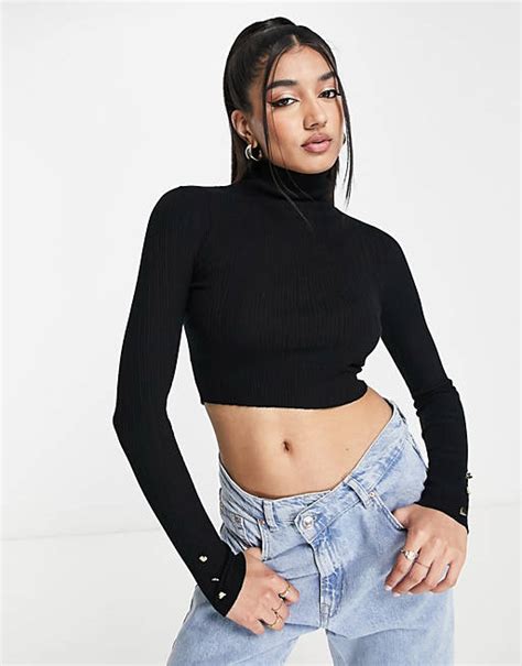 Miss Selfridge Rib Knit Funnel Top In Black Asos