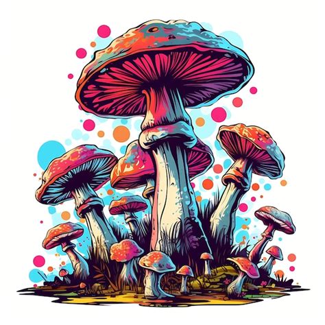 AI Generated Vector Cartoon Style Magic Fantasy Mushrooms Glowing In