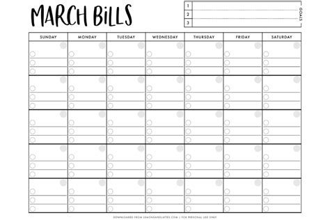 Printable Monthly Bill Calendar