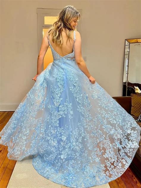 A Line V Neck Light Blue Lace Long Prom Dresses Light Blue Floral For