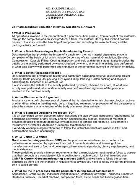 72 Pharmaceutical Production Interview Questions | PDF | Verification And Validation | Tablet ...