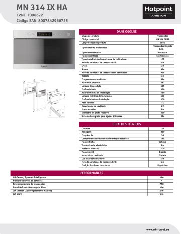 Hotpoint Ariston Mn Ix Ha Microwave Product Data Sheet Manualzz