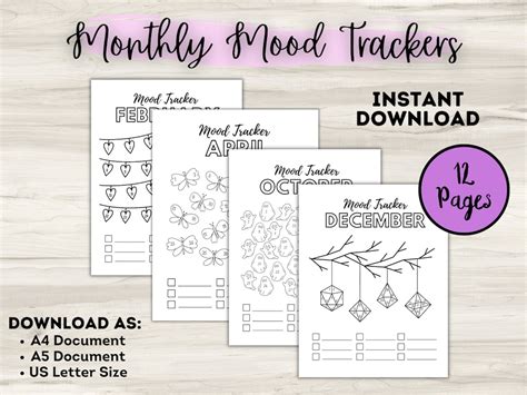 Monthly Mental Health Mood Tracker Anxiety Journal Printable Digital