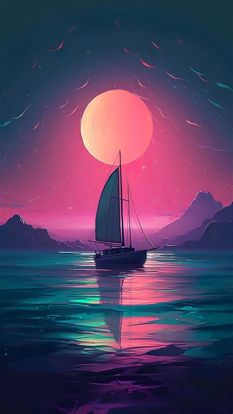 Moon Night Boat Wallpaper Download | MOONAZ