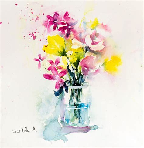 Aquarelle Bouquet De Fleurs Des Champs Dans Un Vase Peinture Etsy France