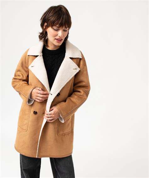 Manteau Long En Su Dine Doubl E Sherpa Femme Camel Gemo