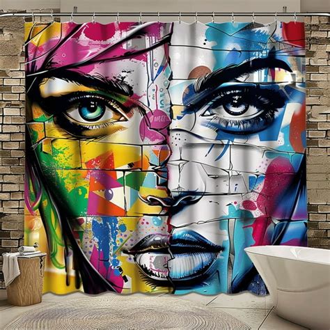 Modern Graffiti Style Woman Face Shower Curtain Colorful Brick Wall Bathroom Decor Unique