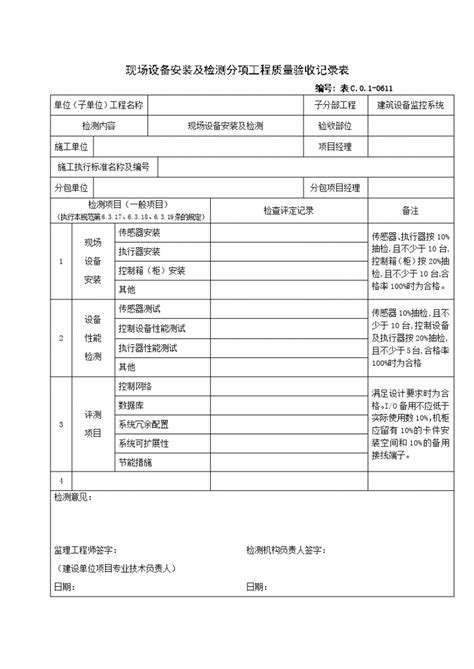 0611现场设备安装及检测分项工程质量验收记录表造价员考试资料土木在线