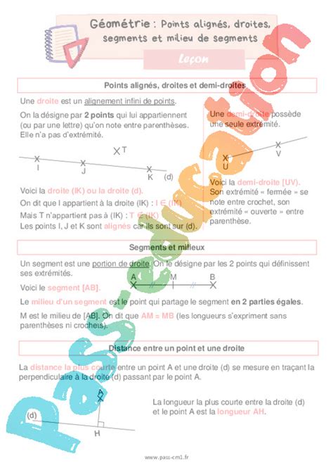 Leçon trace écrite cours Point droite et segment CM1 pdf gratuit