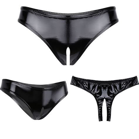 Damen Lingerie Wetlook Kunstleder Mini Briefs Slips Schritt offen Unterwäsche eBay