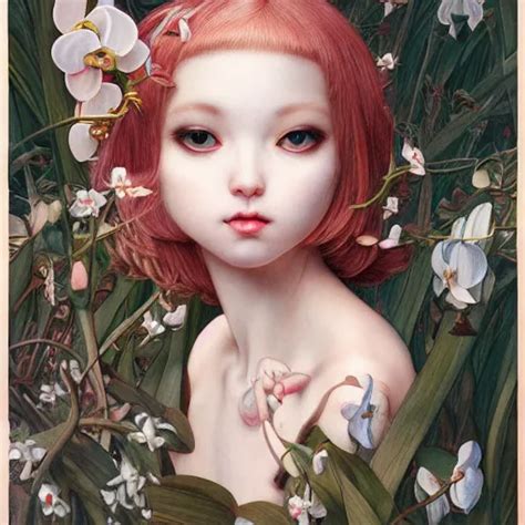 White Cat Girl Botanical Orchid Portrait Face Stable Diffusion