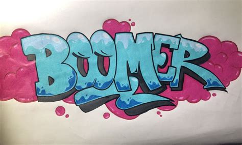 The Word Boomer Is Painted In Blue And Pink On A White Surface With