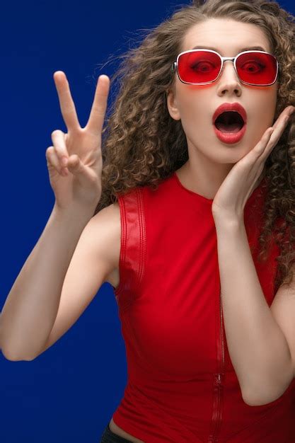 Premium Photo Woman In Red Sunglasses Emotional Portrait Fashion Female With Long Beautiful