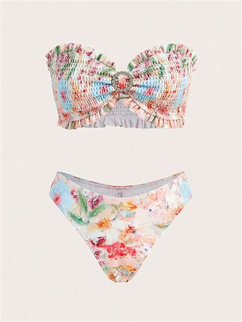 Shein Swim Summer Beach Floral Printed Halter Neck Bikini Set For Women