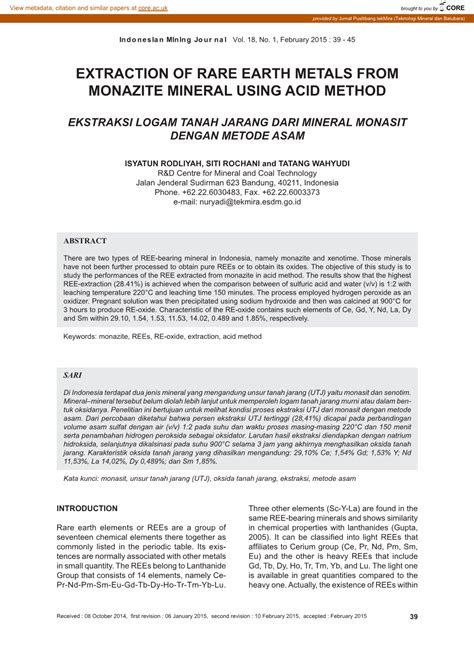 Extraction Of Rare Earth Metals From Monazite Mineral Using Acid Method