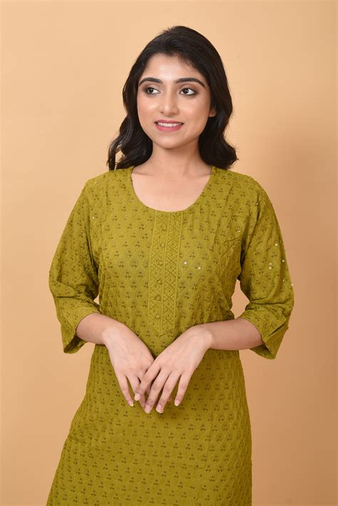 Cotton Sequence Chikankari Kurti Olive Mdfabs
