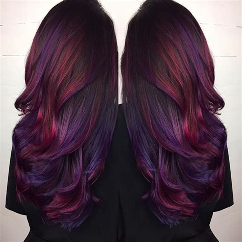 Dark Brown Hair With Purple And Deep Red Highlights Cool Hair Color