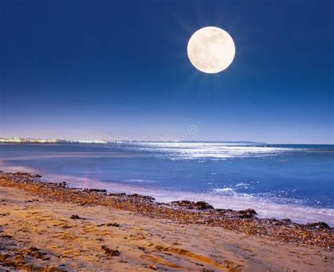 Pleine Lune Au Dessus De La Mer La Nuit Photo Stock Image Du Bleu