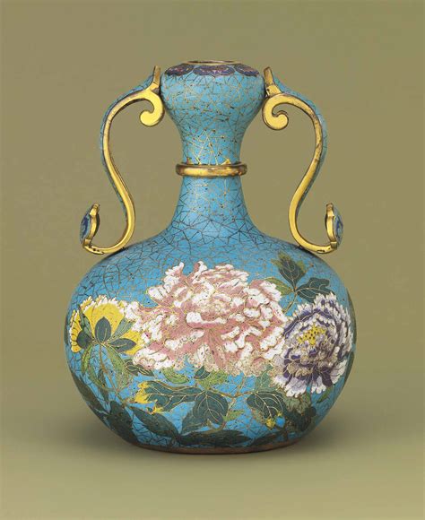 A Cloisonn Enamel Peony Garlic Neck Twin Handled Vase Qianlong