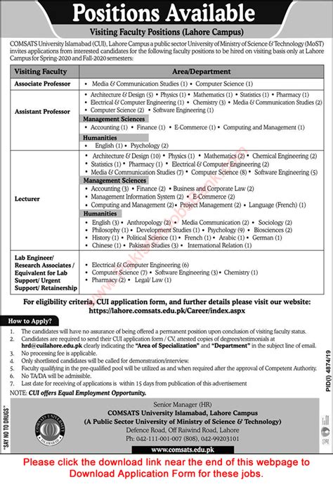 COMSATS University Lahore Campus Jobs February 2020 March Application