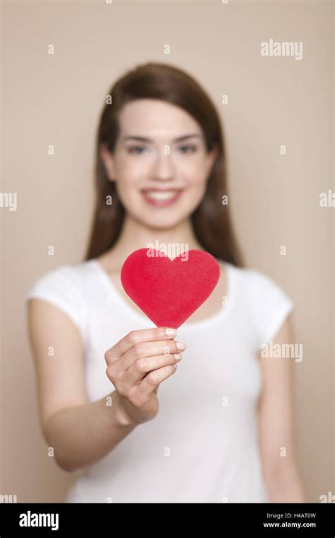 Woman Holds Red Heart In Her Hand Happ Smile Portrait Low Depth Of