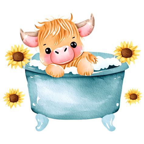 Adorable Baby Highland Cow In Metal Bathtub Graphic Creative Fabrica