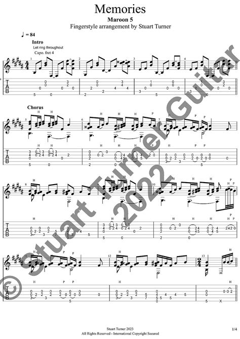 Memories Maroon 5 Fingerstyle Guitar Tab Notation Stuart Turner Guitar