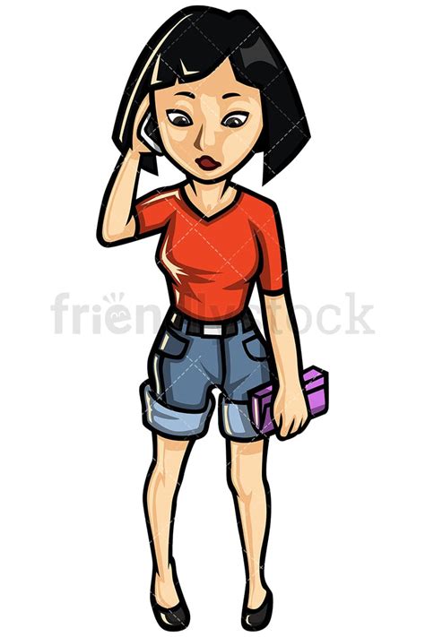 Asian Woman Talking On Mobile Phone Vector Cartoon Clipart Friendlystock