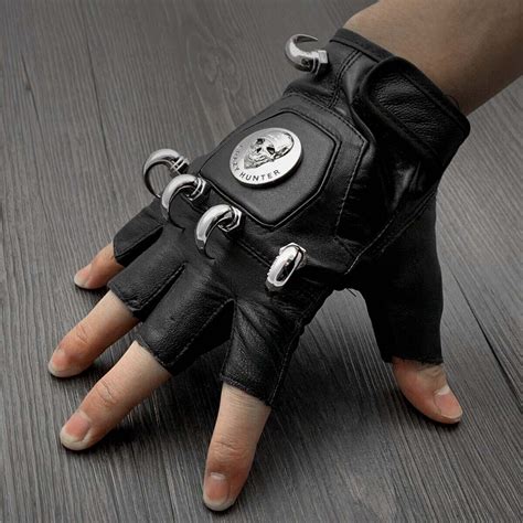 1 Pair Horn Studded Skull Fingerless Leather Gloves Punk Rock Biker Men