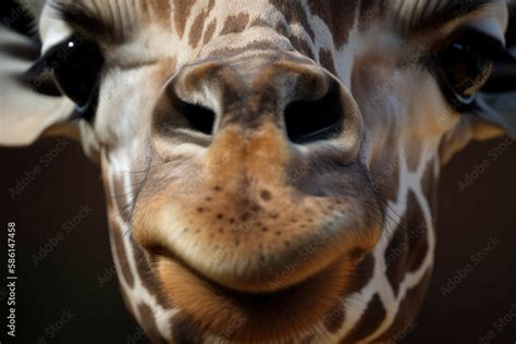 A close up of a giraffe's face, with its long tongue sticking out and its eyes looking directly ...